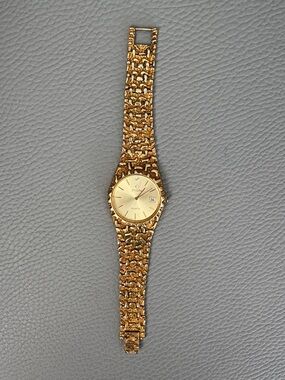 ELGIN GOLD TONE NUGGET WRIST WATCH DIAMOND DATE NOT TESTED JAPAN QUARTZ MVMT